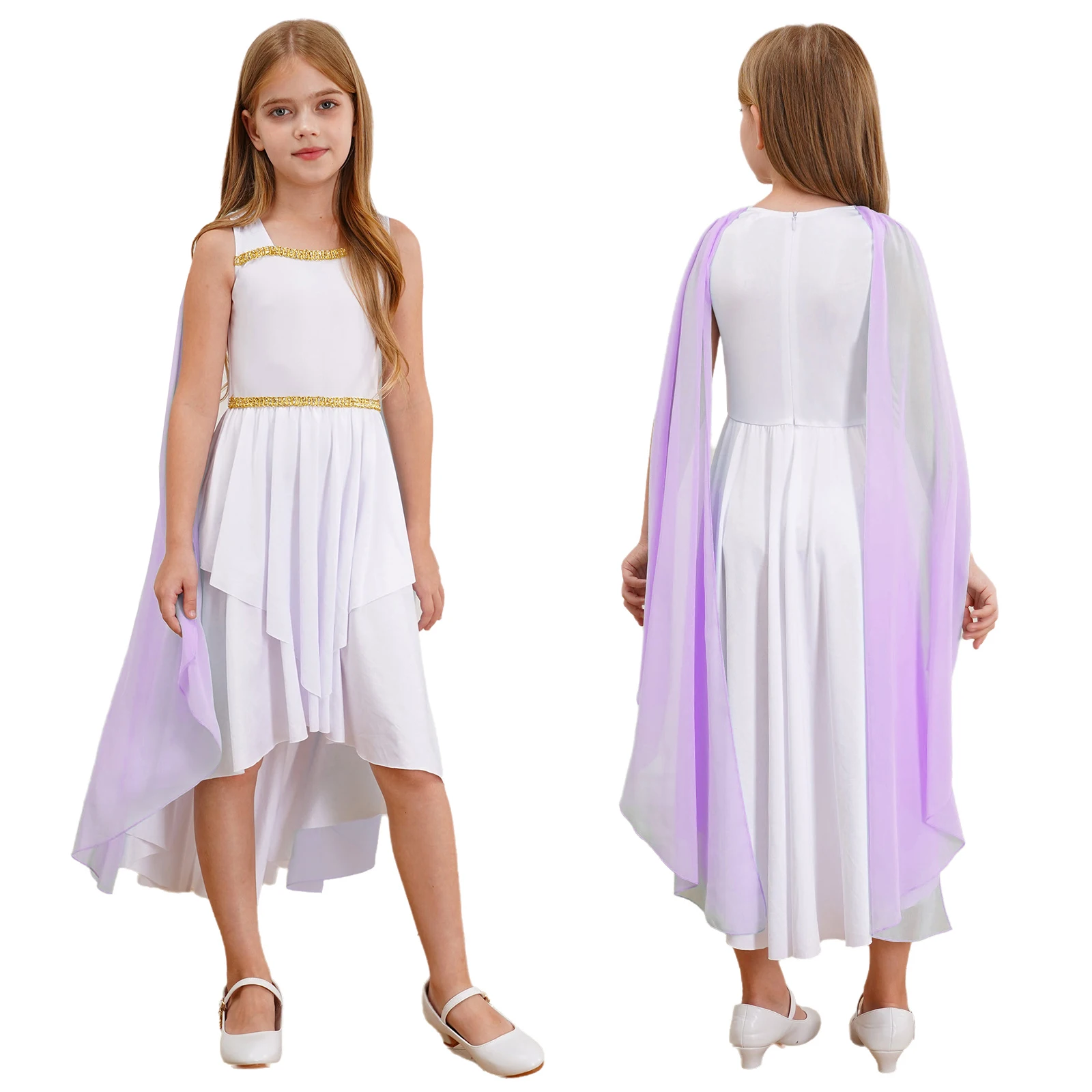 Teen Girls Ancient Greek Roman Toga Halloween Athena Goddesses Princess Queen Cosplay Costume Sleeveless Asymmetrical Cape Dress