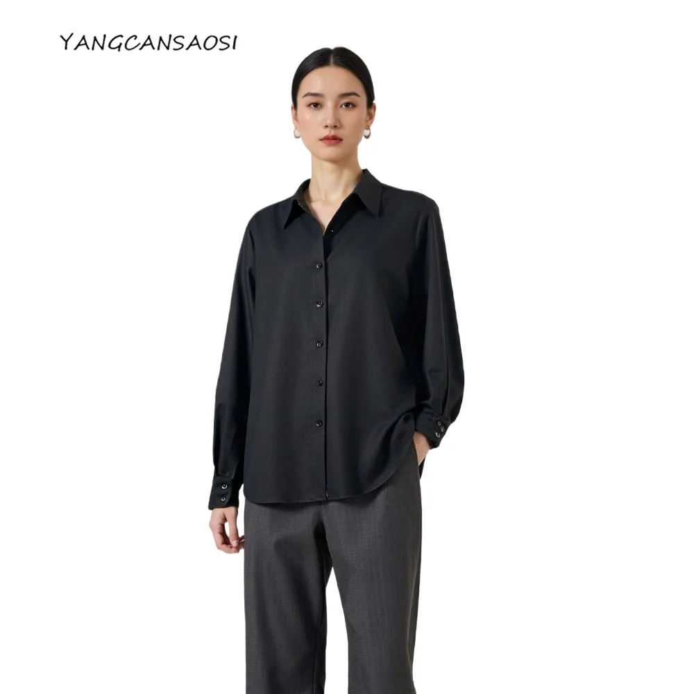 

2025 Women's Autumn Fashion New 100% Wool Old Money Style Retro Turn-down Collar Long Sleeves Elegant Commute Office Shirt