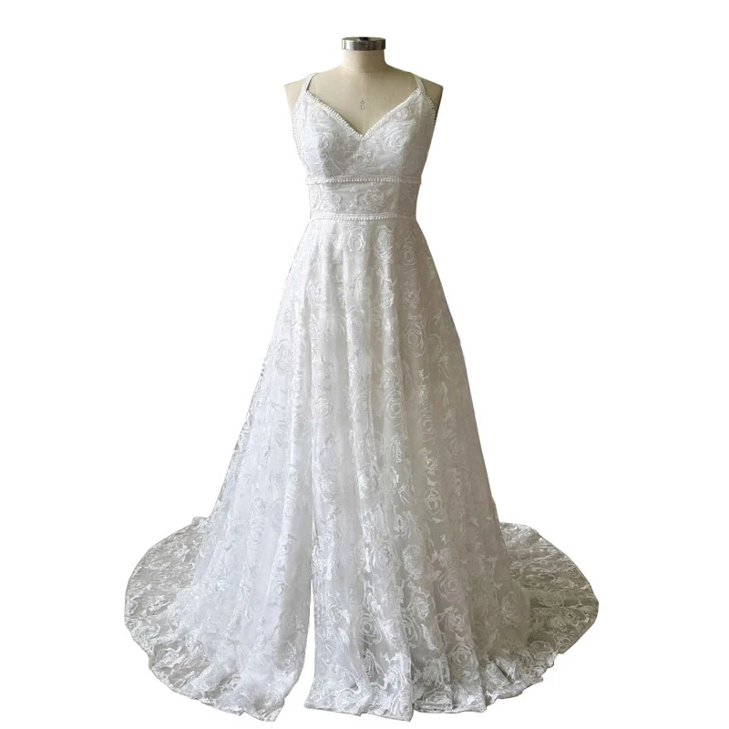 Side Split Boho Spaghetti Straps A-line Bridal Wedding Dress V Neck Backless Brush Train Floral Lace Bride Gown Custom Made