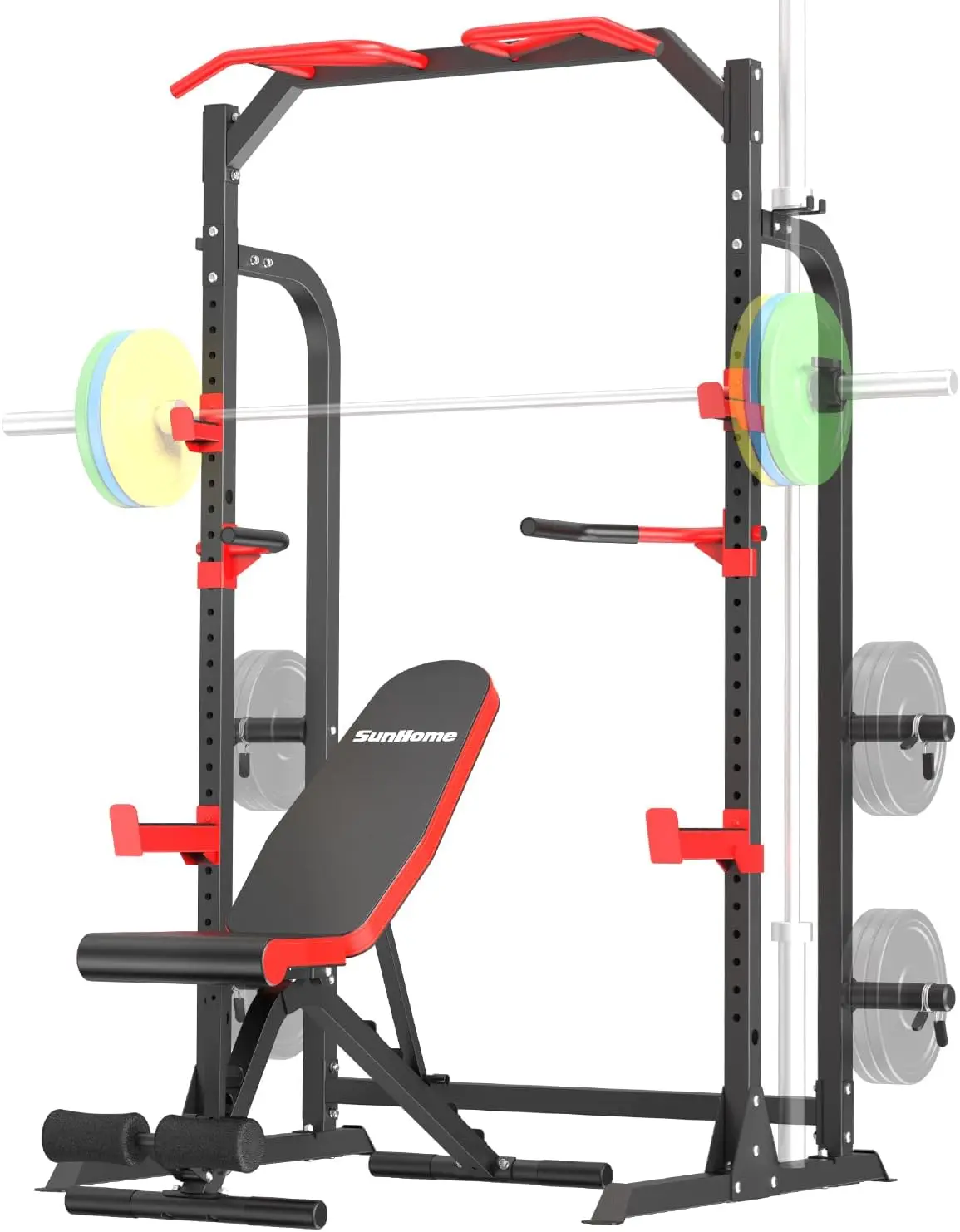 SunHome Power Cage Squat Rack with Bench, Multi-Functional Power Rack with J-Hooks, Dip Handles, Weight Plate and Olympic Bar