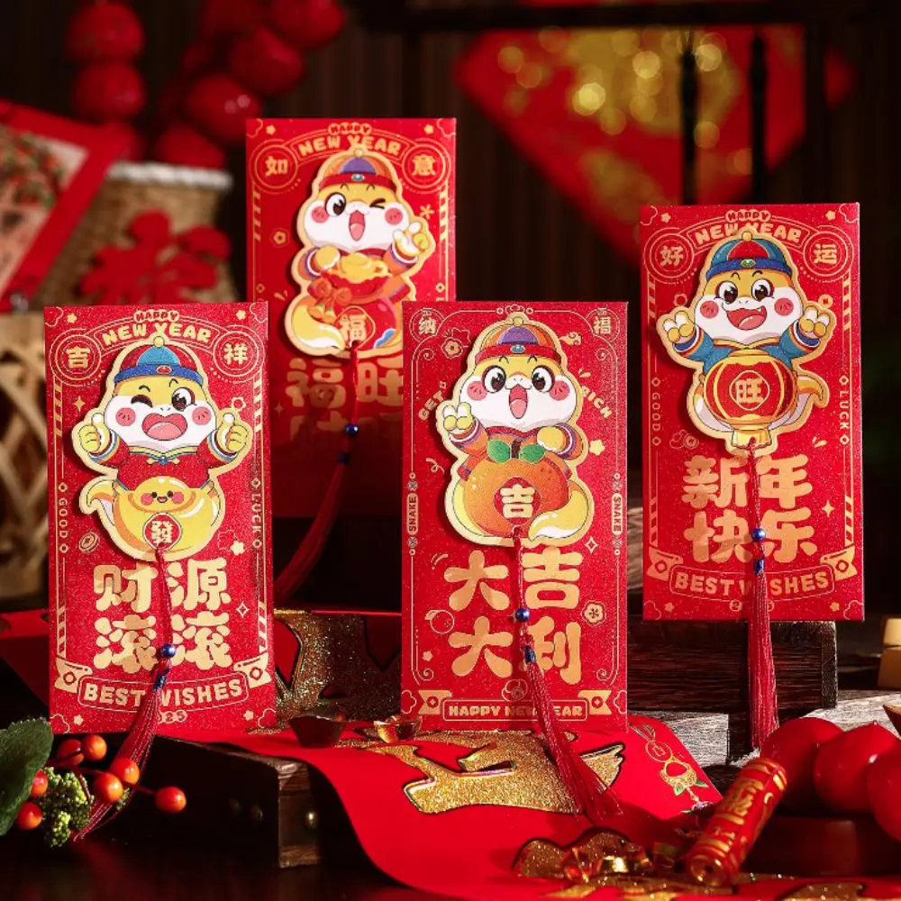 6pcs Creative 3D Chinese New Year Red Envelope with Tassel Mixed Pattern Lucky Money Bag Hollow Red Packet Year of The Snake