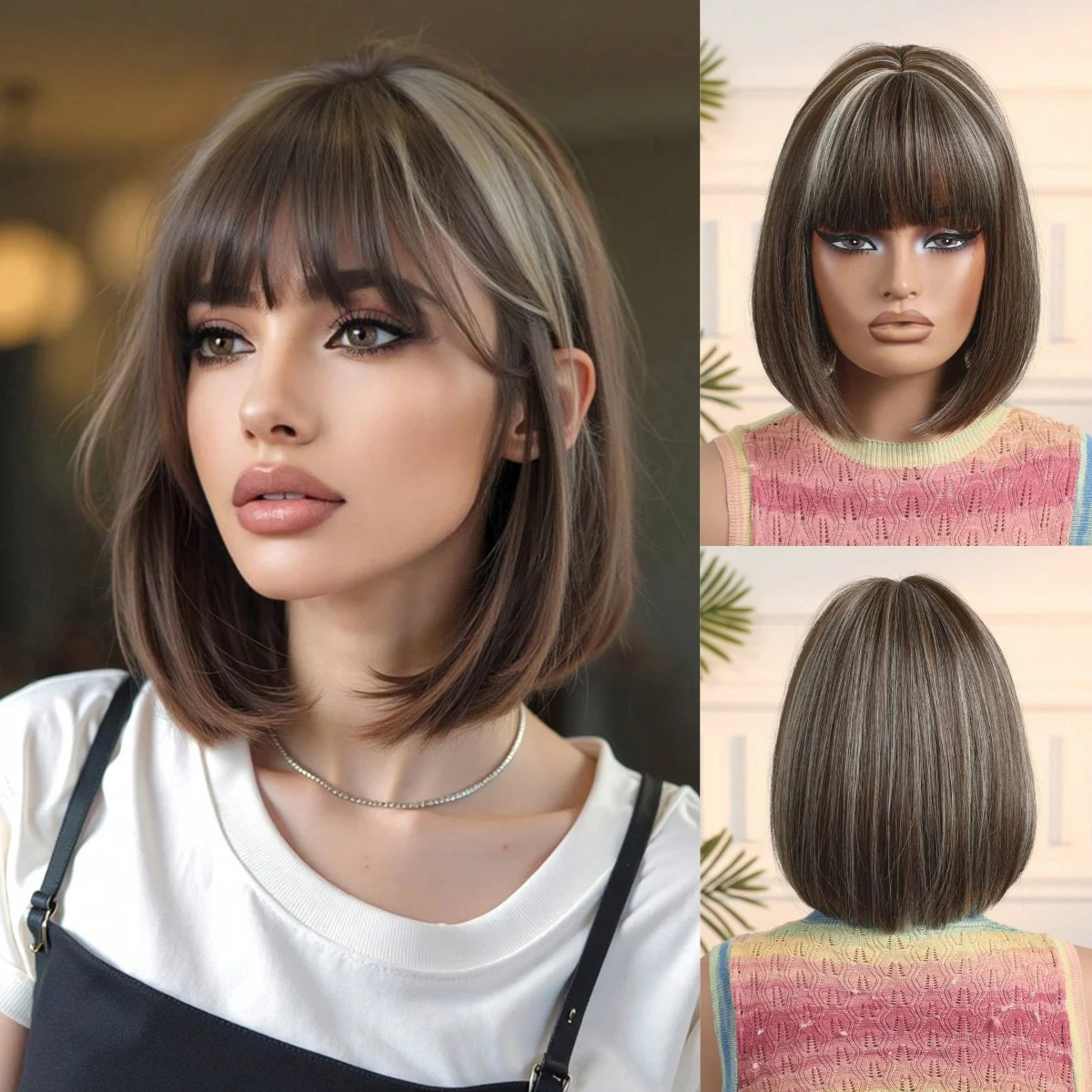 

12-Inch Short Straight Hair Wig for Women Brown Highlights Synthetic Wig with Bangs Bob Wig Suitable for Holiday Party Cosplay