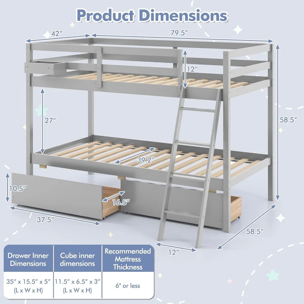 Bunk Bed Twin Over Twin with 2 Storage Drawers, Solid Wood Bunk Bed Frame with Storage Cube, Guardrails, Ladder, No Box Spring