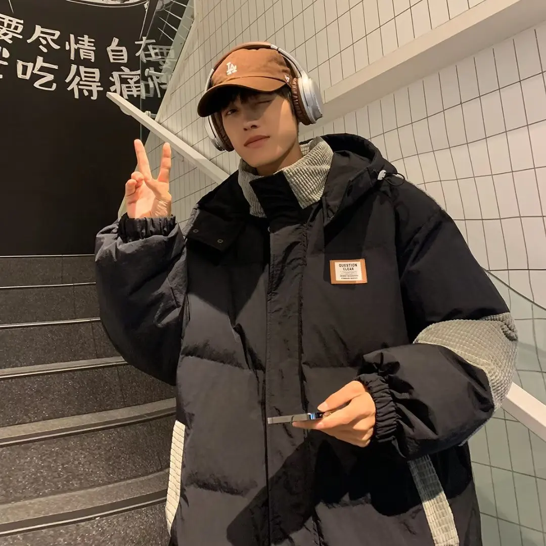 الشتاء رجل سترة المرقعة الوقوف طوق فضفاض الذكور أسفل ملابس خارجية الباردة واقية طويلة الأكمام مقنعين فضفاضة تنوعا الرجال معطف #3