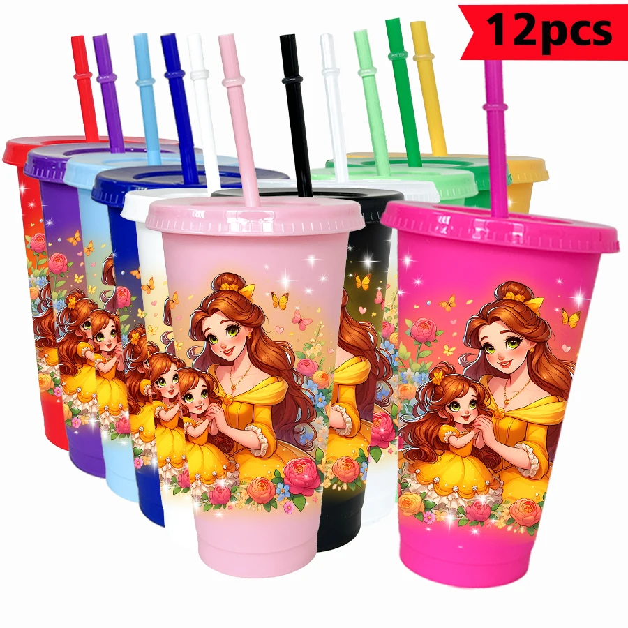 

12pcs/pack Disney Princess Belle Butterfly Flower 26oz Multicolor Plastic Water Cup Party Drinkware Birthday/Back to School Gift