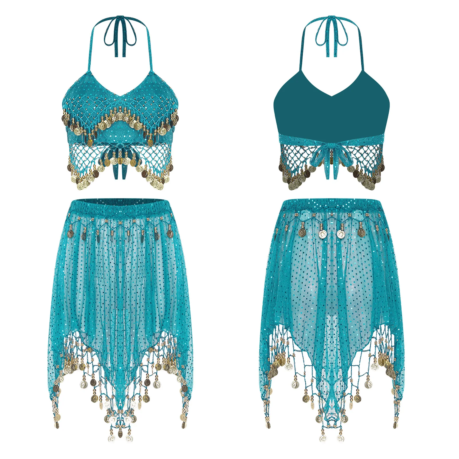 

Women Party Sheer Mesh Belly Dance Outfits Tassel Sequined Lace-up Crop Top and Irregular Hem Skirt for India Dance Folk Dance