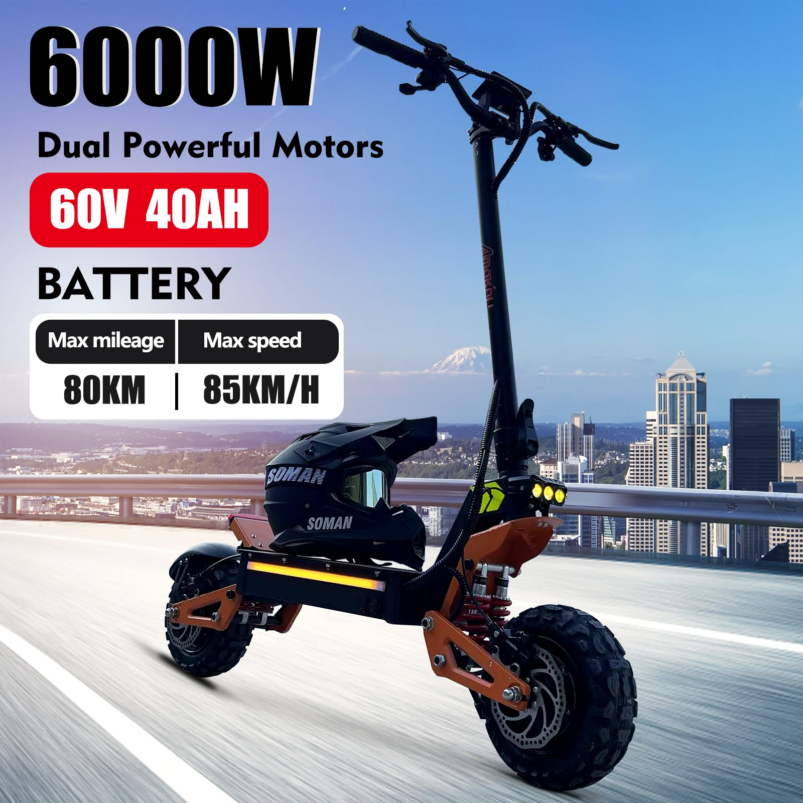 2024 New 6000W 60V 40V Dual Motor Electric Scooter Dual Suspension Shock Absorption Maximum Speed 95km/h 11 inch Off-Road Tyres