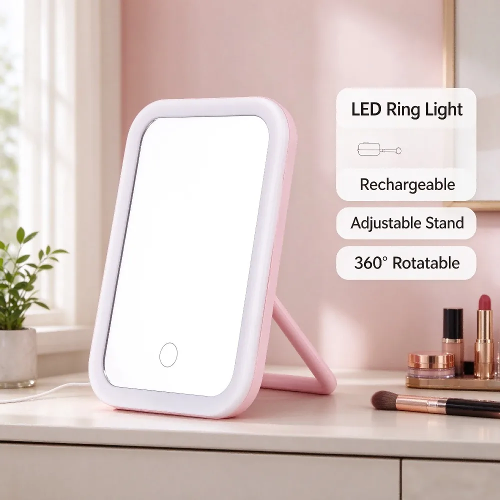 Square LED Makeup Mirror, Adjustable Pole Stand, 360 Rotatable Rechargeable Touch Dimmable HD Vanity Mirror, Solid White Pink