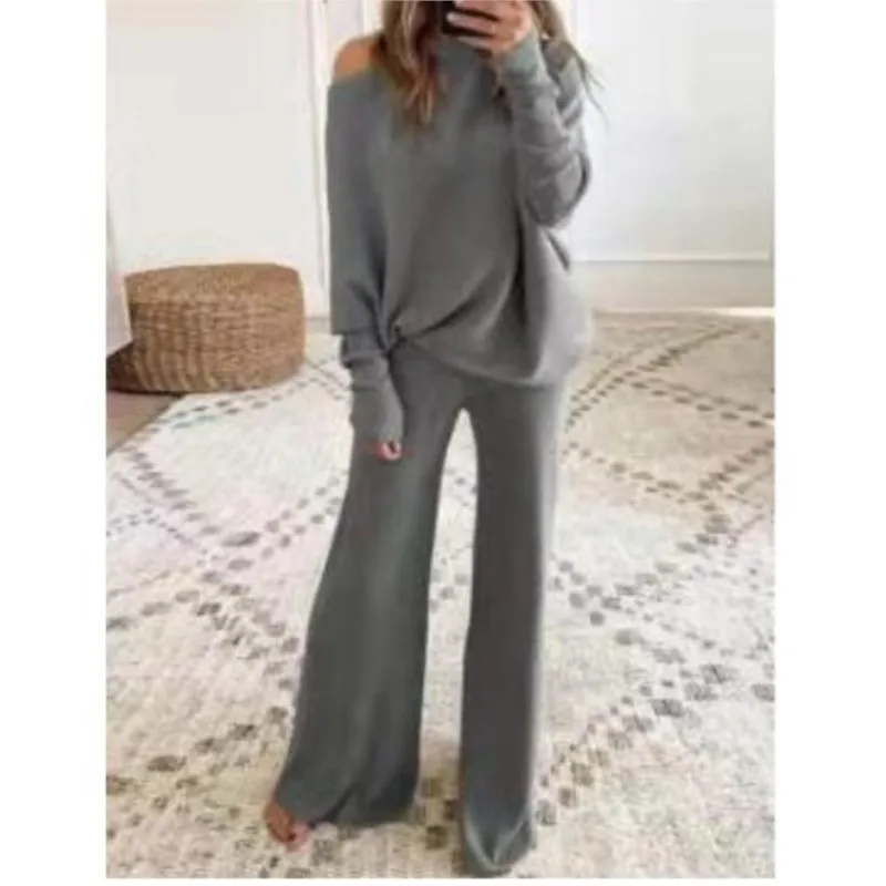 Spring Autumn New Suit Women\'s Solid Off Shoulder Long-sleeved Ribbed Knit Top + Trousers Sets Casual Fashion Two-piece Set