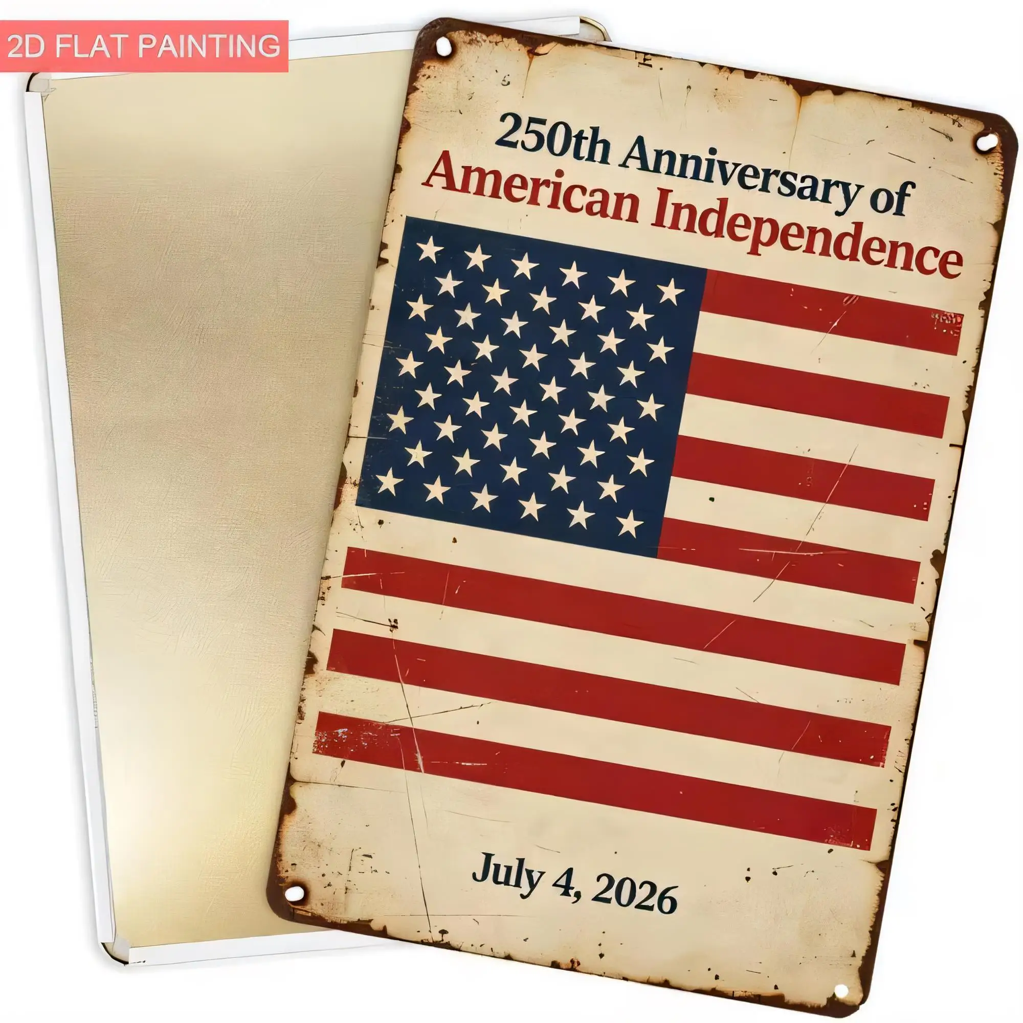 Tin Sign 250th Anniversary of American Independence July 4 2026 Vintage Metal Poster Plaque, Patriotic Stars Stripes Rustic Wall