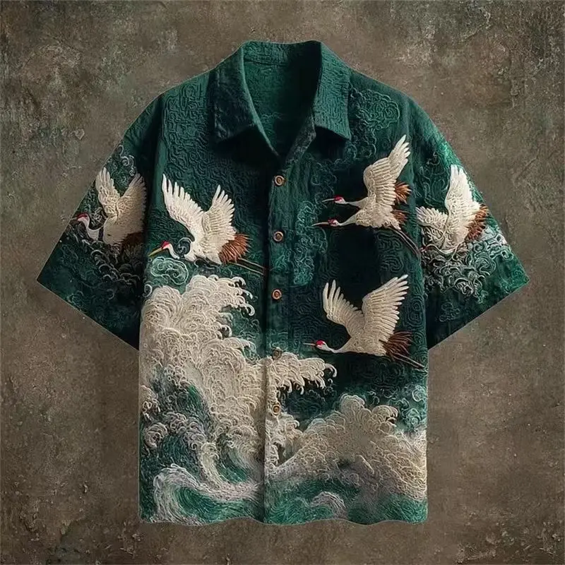 Retro 3D Crane Wave Print, Men's Short-Sleeved Shirt, Men's Retro Textured Casual Button Beach Style Shirt, Hawaiian Top