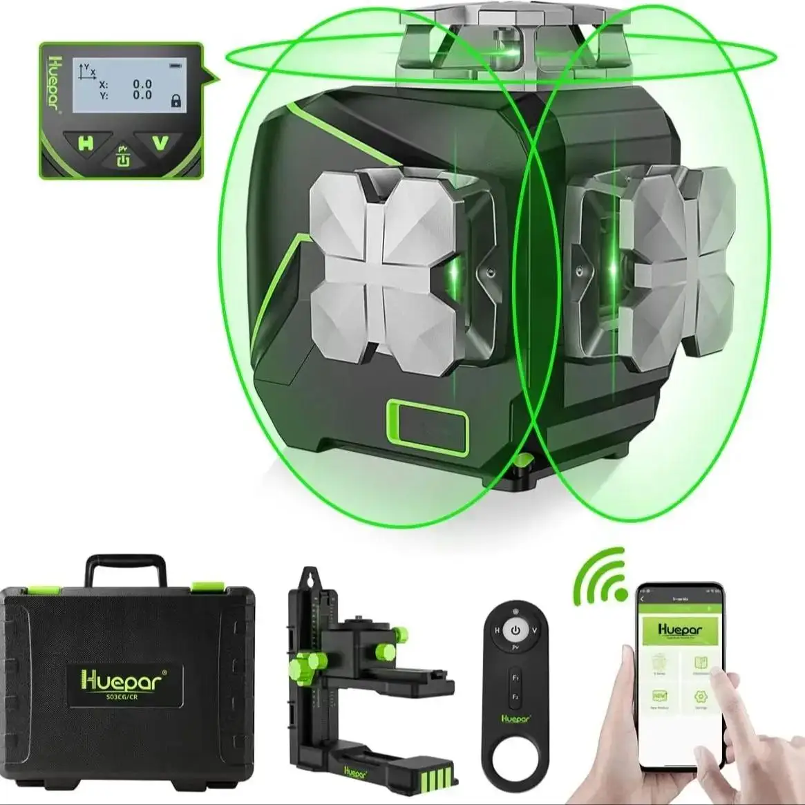 Huepar 3D 12 linee livello Laser autolivellante con schermo LCD linea trasversale a raggio verde collegata Bluetooth con telecomando