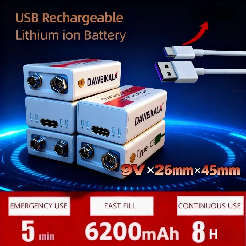 

6200 мАч 9 В литий-ионная аккумуляторная батарея типа C, быстрая зарядка, высокая емкость для мультиметра, микрофона, игрушки, пульта дистанционного управления