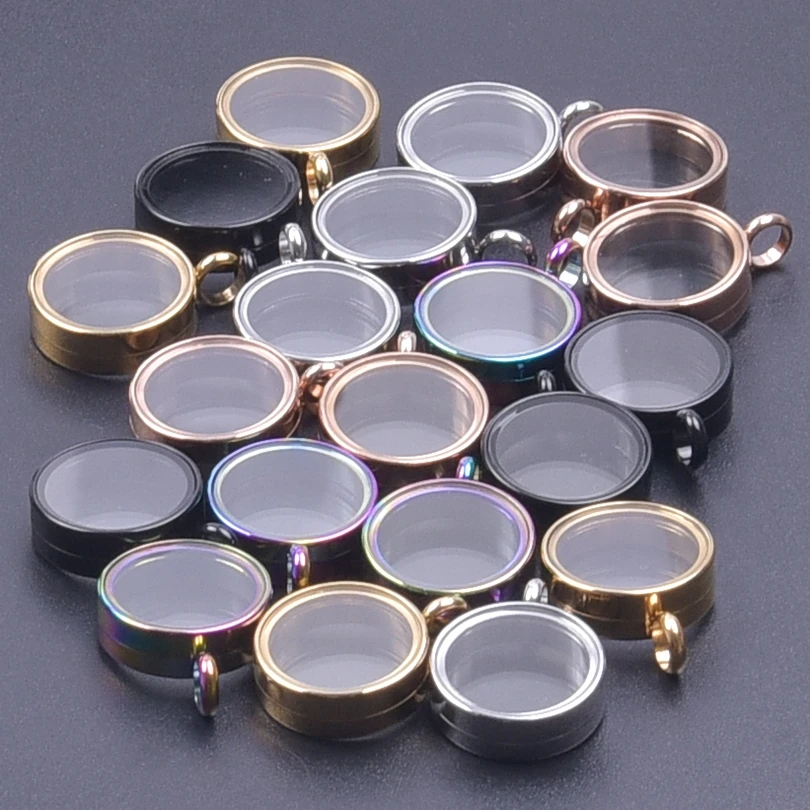 1Pc 10-40mm Round Reliquary Coin Holder Locket Pendant Stainless Steel Glass Memory Floating Relicario Colgantes Jewelry Making