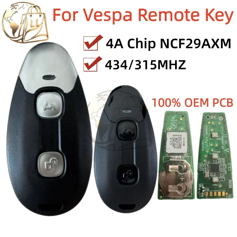 For Vespa 2025 Leo Smart Motorcycle Remote Key 4ACHIP 433/315MHz Vespa 150CC Primavera Sprint Tech Elettrica70 GTS 300CC LX125/S