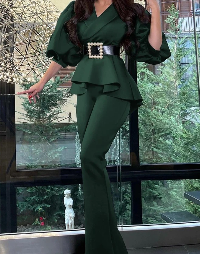 Elegant Women's Two Piece Set 2023 Fashion Spring Lantern Sleeve V-Neck Ruffles Top & Solid Color High Waisted Flared Pants Set