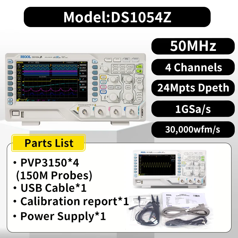 Rigol DS1054Z/DS1104Z Plus Digitale Oscilloscopen 4 Kanalen 50M/100M Bandbreedte 24Mpts Diepte Ondersteuning RS232/UART/I2C/SPI Bus
