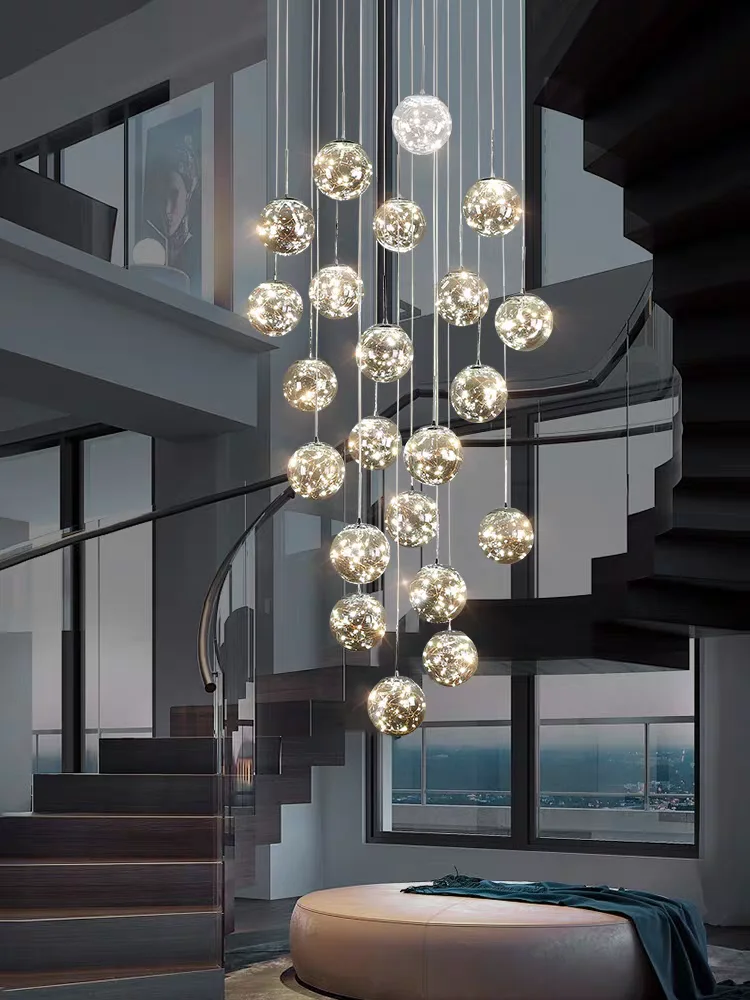 Modern LED Glass Ball Dimmable Chandelier Staircase Lustre Living Room Chandelier Lustre Home Decoration Ceiling Chandelier