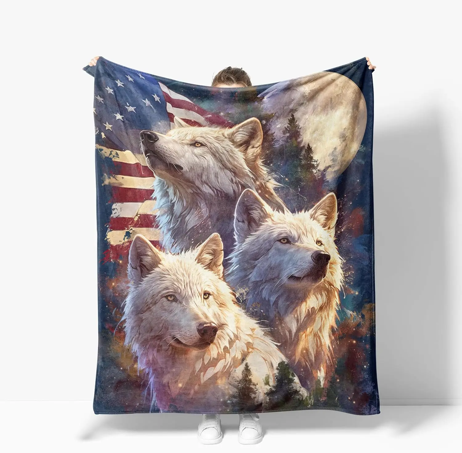 American Flag Wolf Throw Blanket Wilderness Rustic Cozy Home Decor Couch Throw Fall Spring Autumn Gift