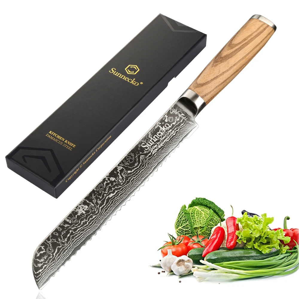 

SUNNECKO Bread Serrated Knife Damascus Steel Japanese Kitchen Chef Baking Toast Cake Slicing Melons Brisket Gift Box Tool