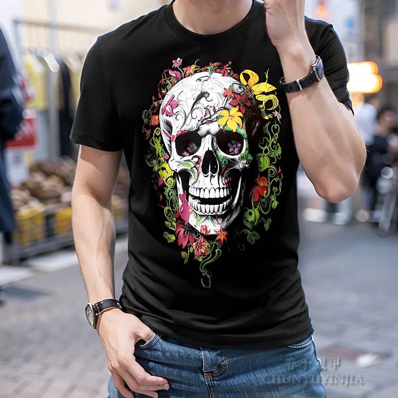 

Chun yu yin jia Designer luxury brand Skull Pattern 3D Print Short-Sleeved t Shirt for man Black men tee