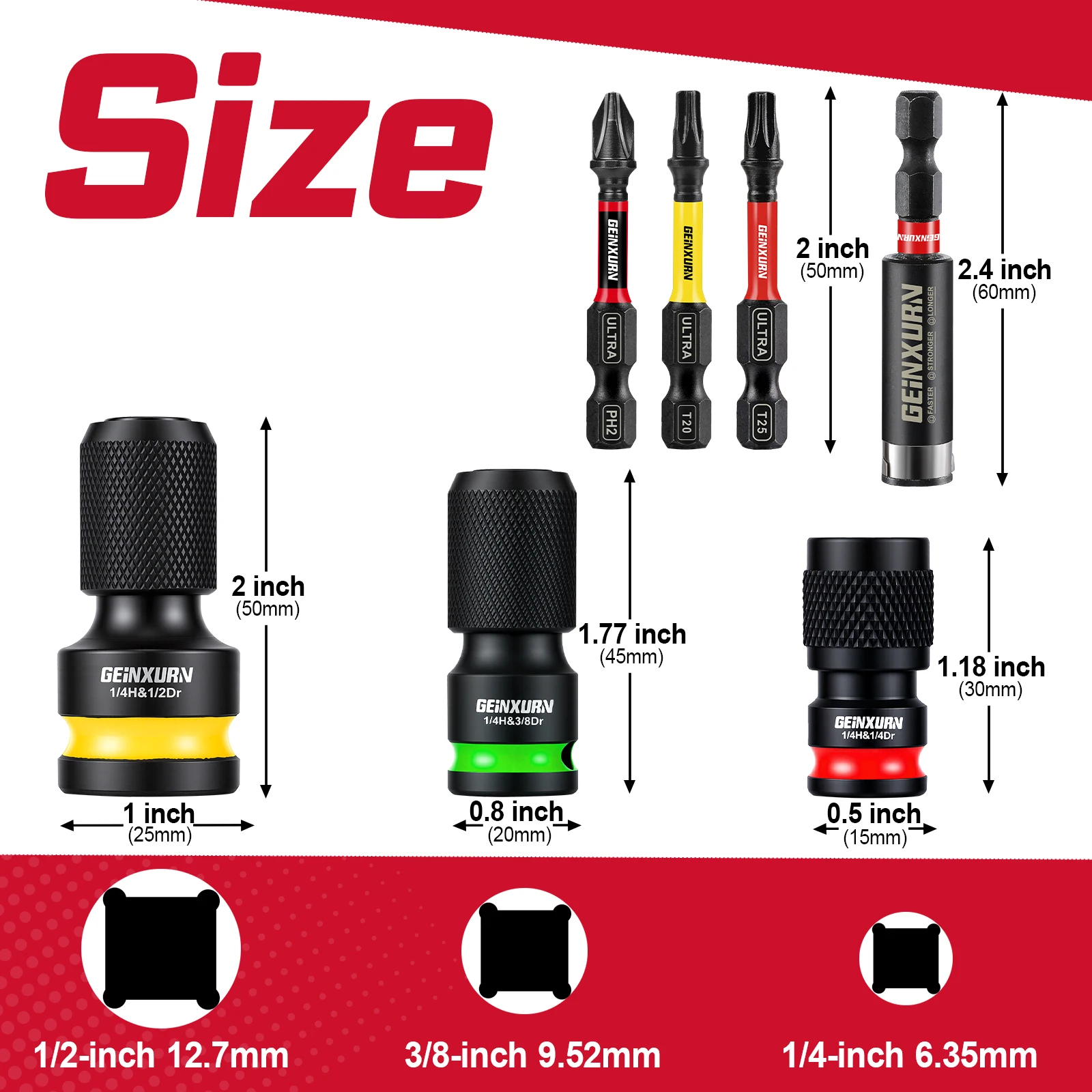 1/2、3/8、1/4-Inch Impact Hex Converter for Screwdriver Bit Square Drive to 1/4-Inch Quick Release Hex Socket Wrench Adapter