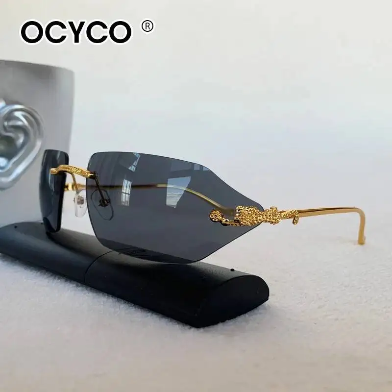 OCYCO Y2K Luxus Randlose Gebogene Sonnenbrille für Damen und Herren Markendesigner Rechteckige Sonnenbrille Vintage Punk Leopard Shades