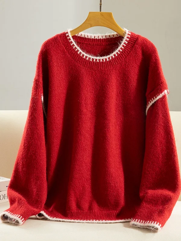 

Korean Japanese High End Large Size Knitted Sweater Women's Fashion Overhead Single Wear Base Color Block Trendy Anti-Aging K...