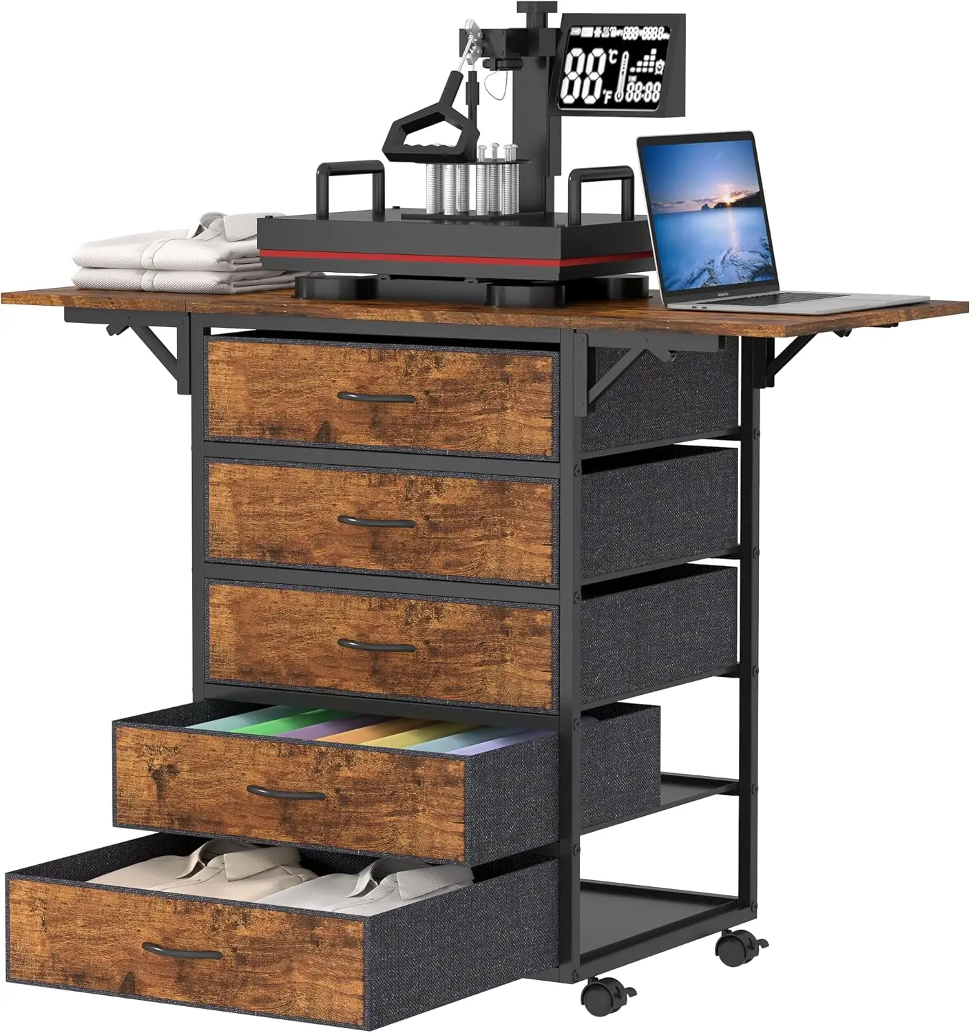 5-Drawer Heat Press Table with Folding Worktop and Locking Wheels