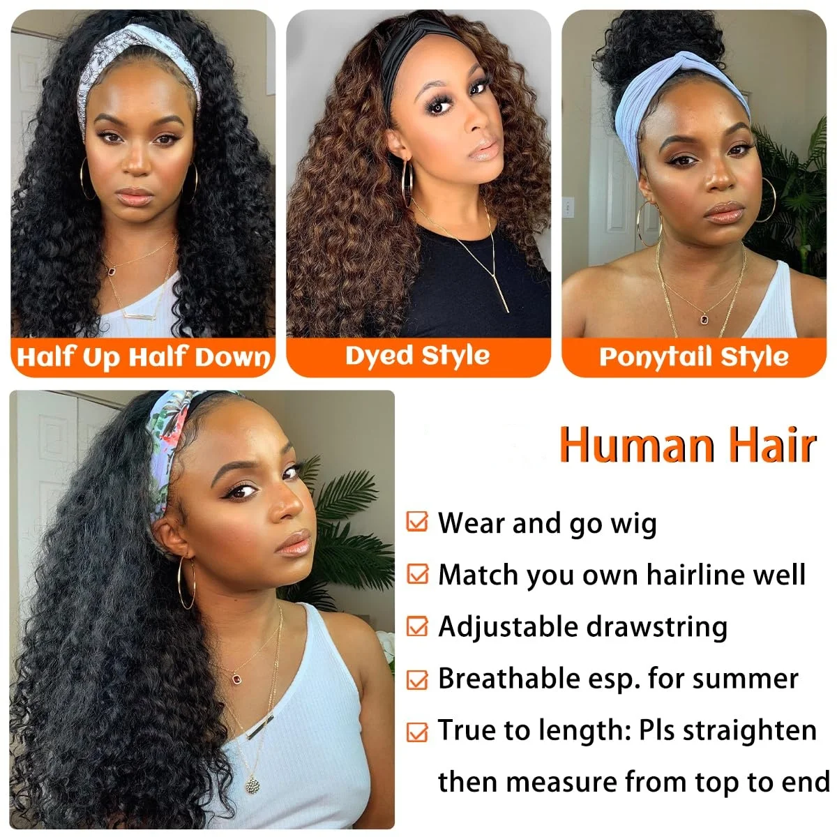 Headband Wig Human Hair Wigs Wear and Go Glueless Wig Curly Deep Wave Headband Wig Natural Color Body Wave Straight Headband Wigs for Black Women Headband Wig Human Hair Deep Wave Wigs Curly Half Wig  image 5