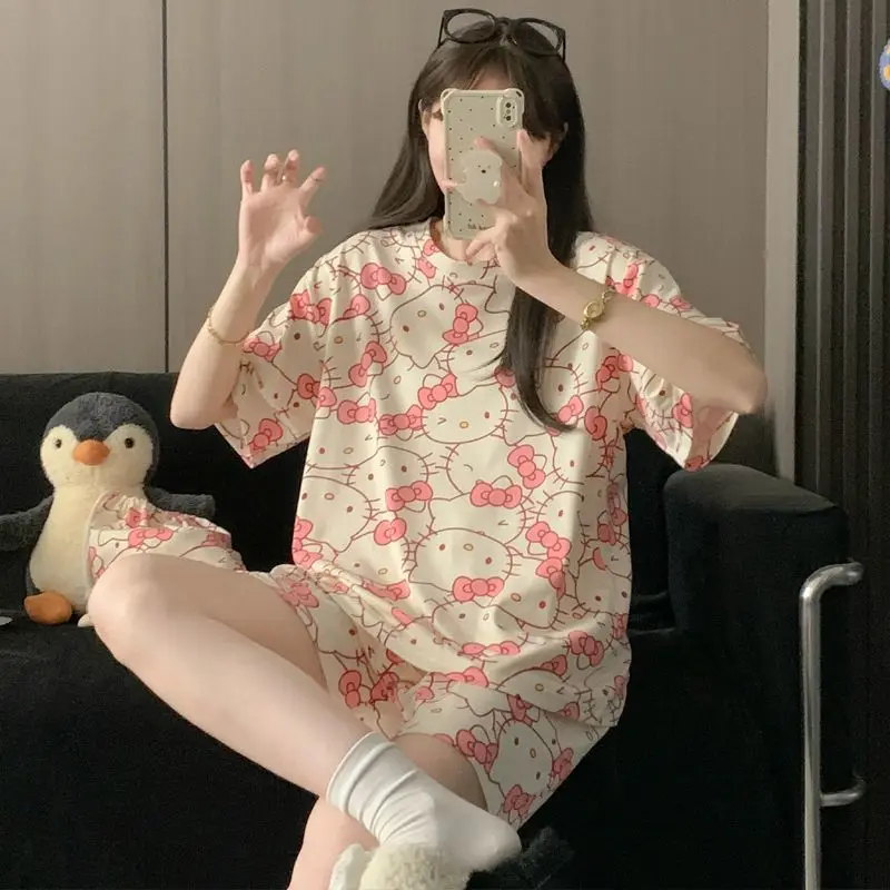 

Новые женские пижамы Sanrio Hello Kitty, летняя верхняя одежда с короткими рукавами, студенческий летний домашний костюм в мультяшном стиле, высококачественный домашний костюм