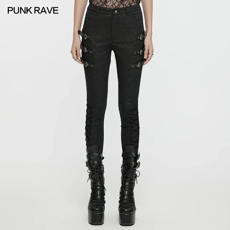 

PUNK RAVE Women's Gothic Exquisite Retro Printed Metal Leggings Lace Drawstring Personalized Black Trousers Streetwear