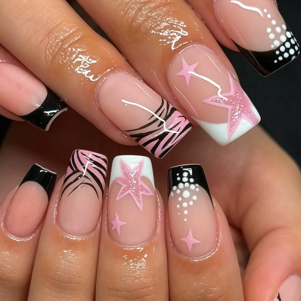 24Pcs Black White French Stick on Nails Zebra Stripe Square Press on False Nails Art Y2k Star Polka Dot Reusable Woman Fake Nail