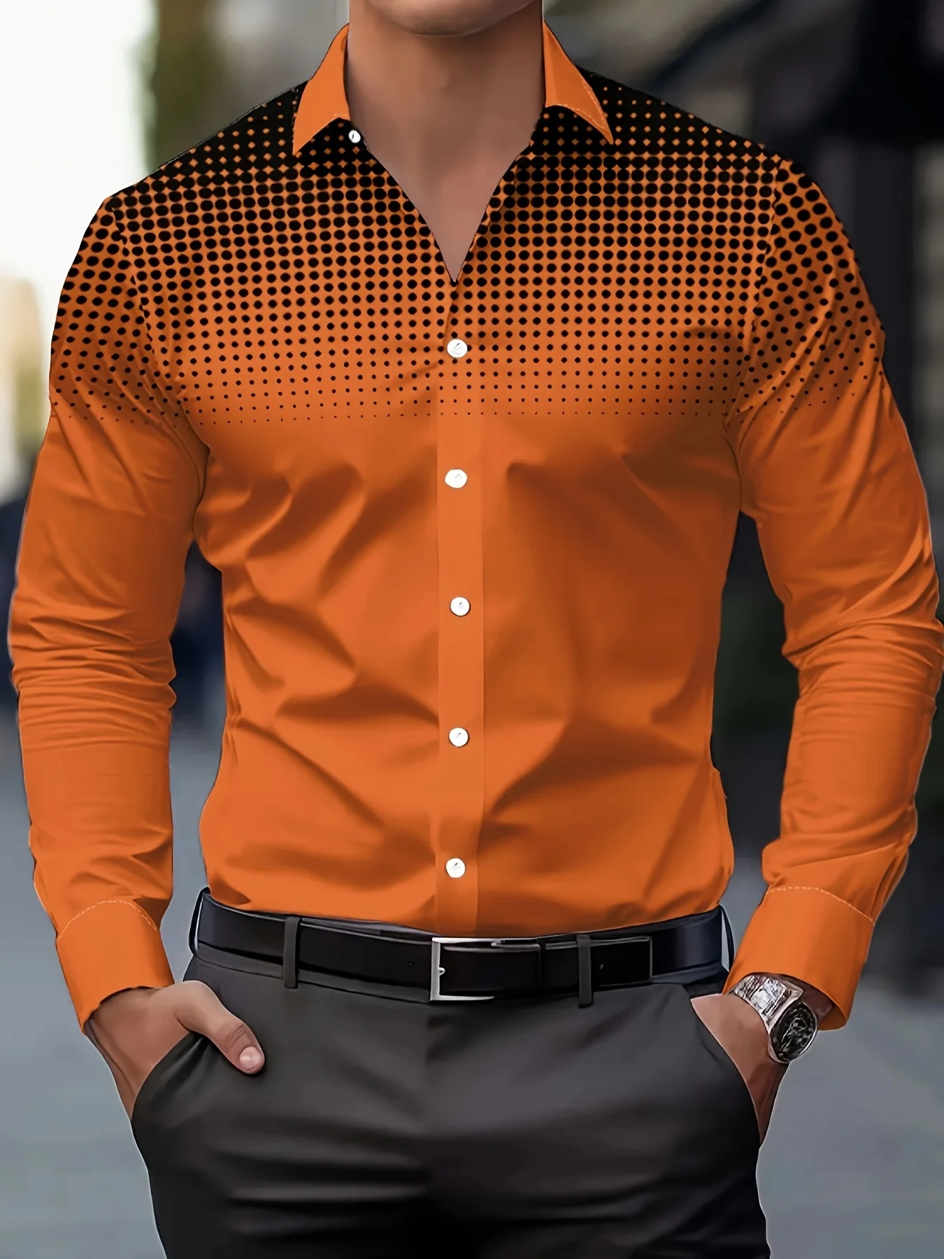 Men's Casual Long Sleeve Button-Up Shirt - Gradient Blue to Gray Print, Polyester, Machine Washable, Classic Collar, Comfort Fit