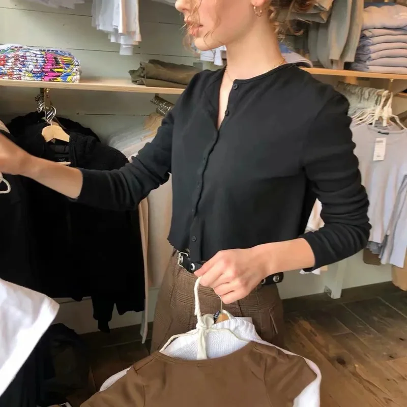 Solid Black White Basic Short Cardigans Sweter Winter Clothes Fall Women New Sweet Long Sleeve Chic Knitted Sweaters Cardigans