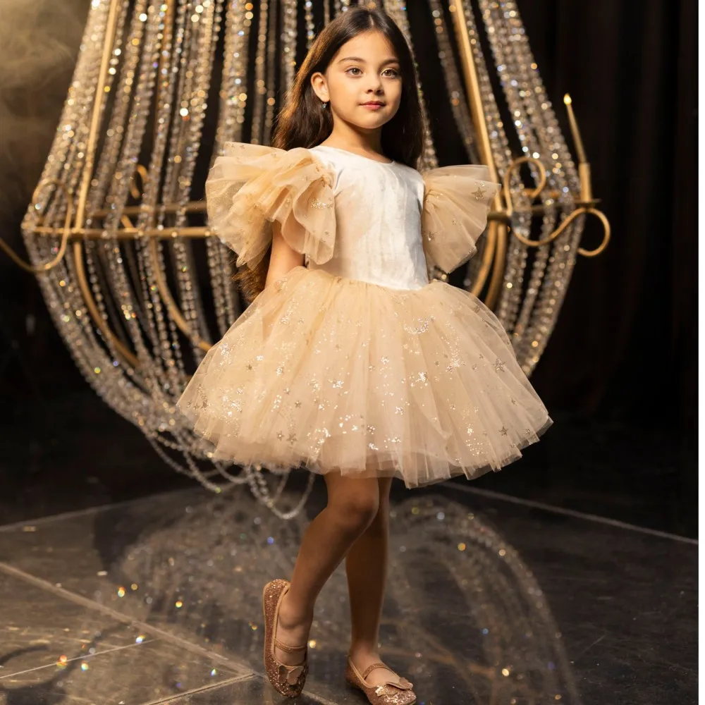 

2026 Kids' Champagne Glitter Tutu Dress with Ruffled Tulle Sleeves Star Sequins Design Elegant Princess Dress for Party Wedding