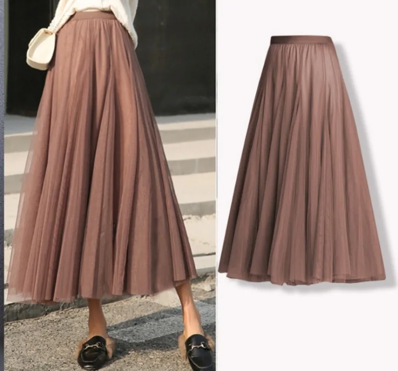 Hot Women Mesh Elastic Tutu Skirt Beach Spring Summer Korean High Waist Fashion Pleated Long Skirt Black White Tulle Skirts