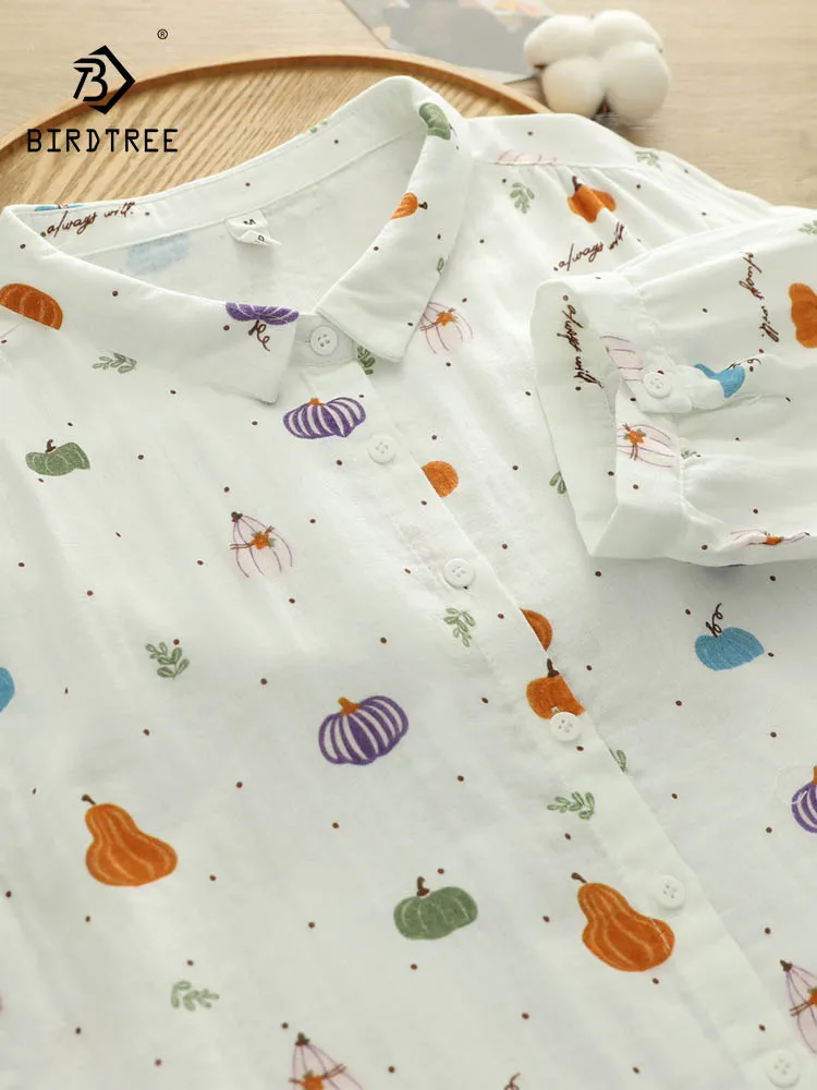 

New 2026 Summer Women Cotton Yarn Half Sleeve Shirt, Turn-down Collar Print, Mori Girl Sweet Preppy Style Loose Blouse T65382CC