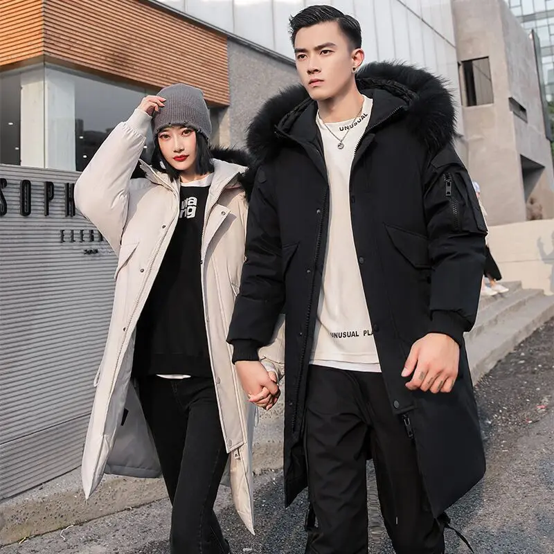 New Winter Down Jacket Men's Couple Fashion Big Fur Collar Medium and Long Youth Pie To Overcome Warmth and Thickening Tide