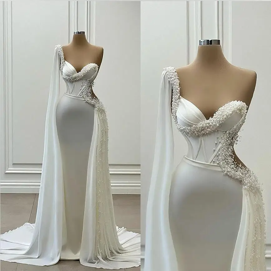 

Stunning Heavy Pearls Beads Mermaid Wedding Dresses with Detachable Train Robes De Mariée Satin Bridal Gowns with Fly Away