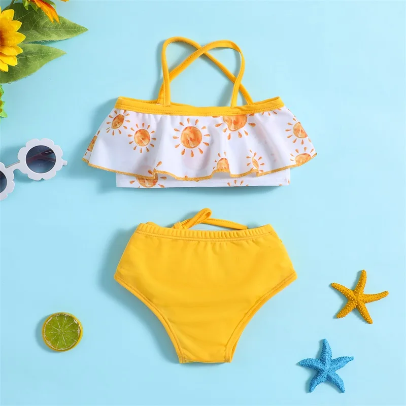 

Baby Girl 2pcs Swimsuits Summer Sun Print Camisole and Elastic Drawstring Beach Shorts Swimwear