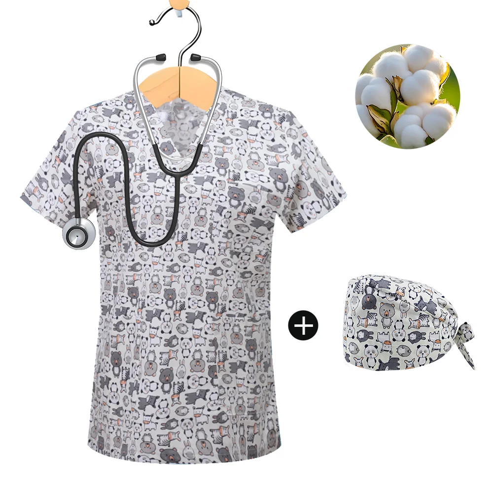 

Surgical Uniform Woman 3d Animal Element Print V-Neck Nursing Pocket Veterinarian Workwear Medical Nurse Uniform for Women Men