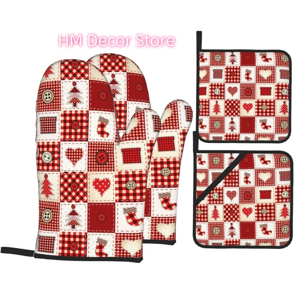 Christmas Red Patchwork Oven Mitts and Pot Holders Sets of 4, Merry Christmas Cooking Gloves Holiday Country Style Oven Mitts fo