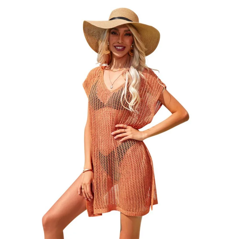 Woman Amazon Openwork Color-block Bikini Beach Skirt Knitted Resort Seaside Blouse