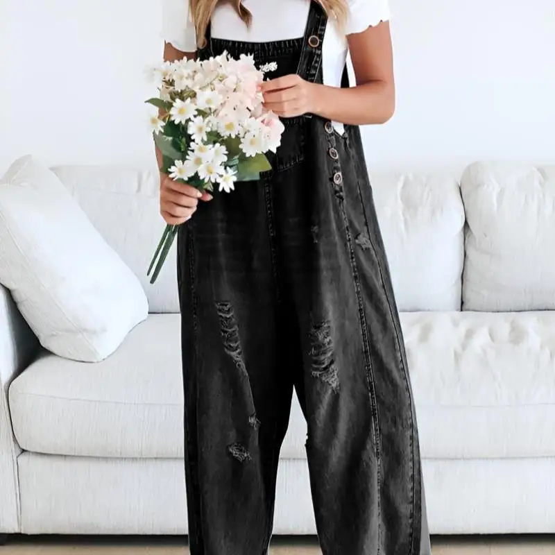 

Casual Women's Denim Work Pants Loose Fit Straight Leg Jeans Autumn Spring Faion V-Ne ort Sve Five-Button Sle