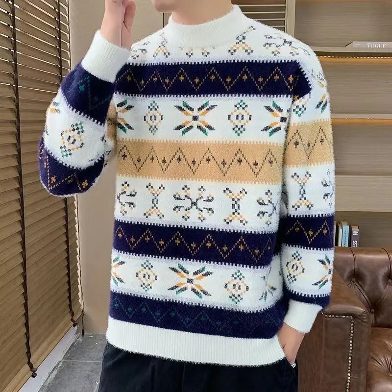 Winter New Men's Teen Trendy Warm Student Thickened High Neck Knit Base Layer Sweater Fashion Menswear