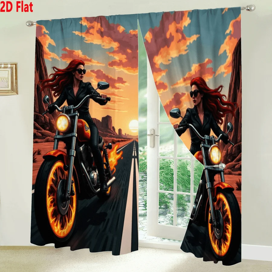 Biker Girl Motorcycle Curtain, Fiery Wheels Desert Sunset Window Drapes, Cool Rocker Style Decor for Living Room Bedroom