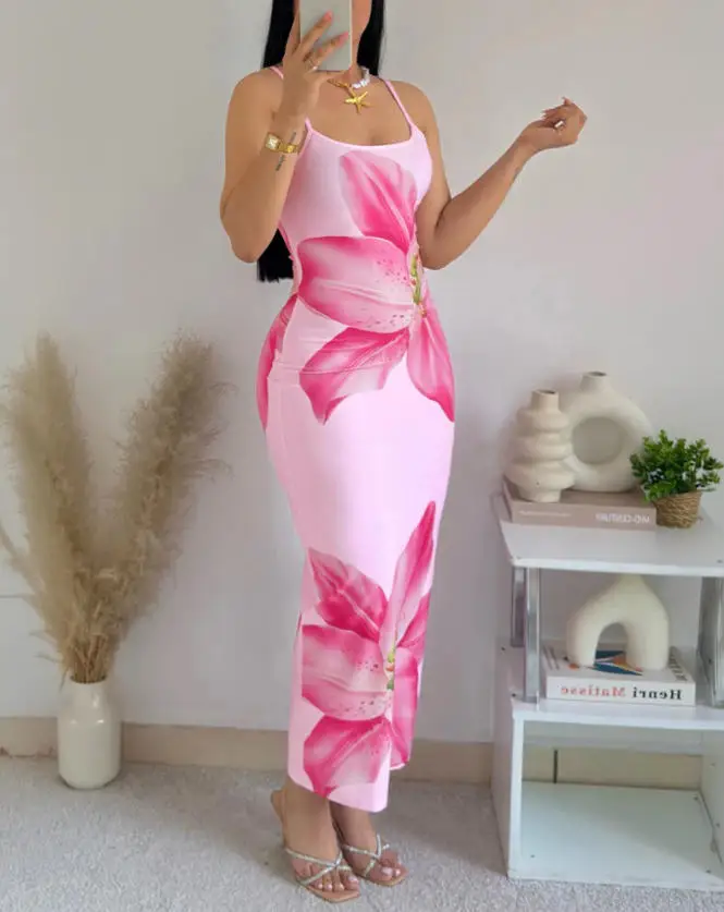 

Women's Dress Summer New Style Sexy and Floral Print Low Cut Round Neck High Waist Tight Fitting Hip Hugging Suspender Dress