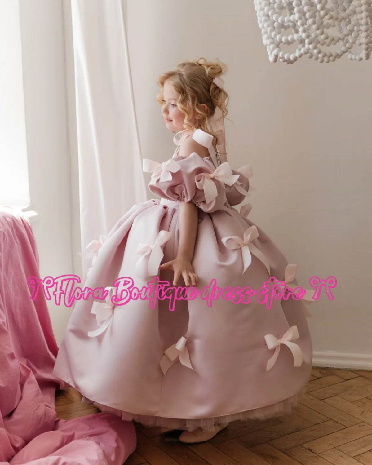 فساتين فتاة صغيرة طويلة منتفخة باللون الوردي اللطيف مع فستان بناتي على شكل فيونكة على شكل زهرة لحفلات أعياد الميلاد وحفلات الزفاف #4