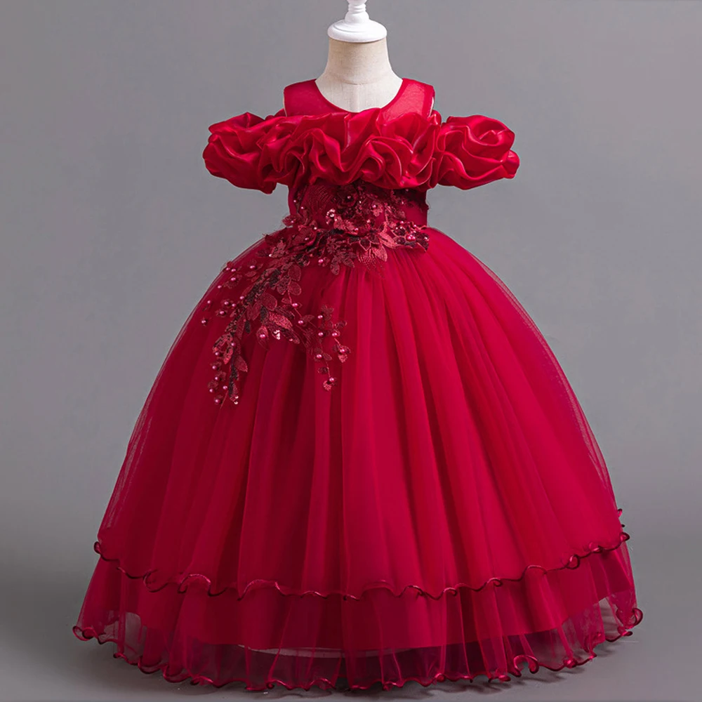 Fashion Flower Party Girls Dresses Elegant First Communion Wedding Tulle Bridesmaid Princess Dresses Girl Bow Christmas Costume